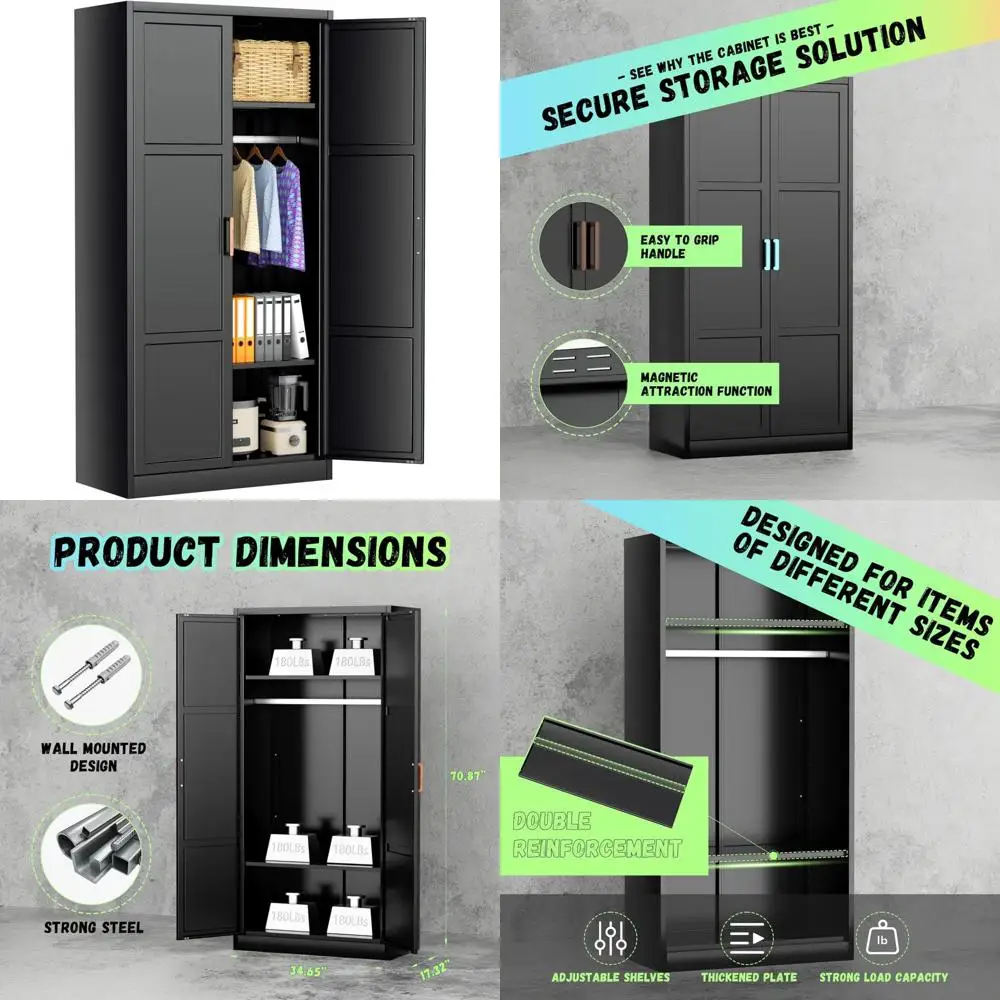 خزائن معدنية كبيرة مع قضيب تعليق وأرفف قابلة للتعديل لتخزين الملابس، مثالية للاستخدام المنزلي والمكتبي #1