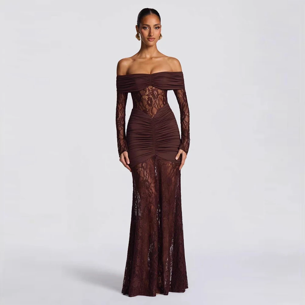 Women Elegant Lace Hollow Out  Evening Dress Off Shoulder Long Sleeve Ruched Bodycon Party Dress Female Formal Prom Maxi Dresses