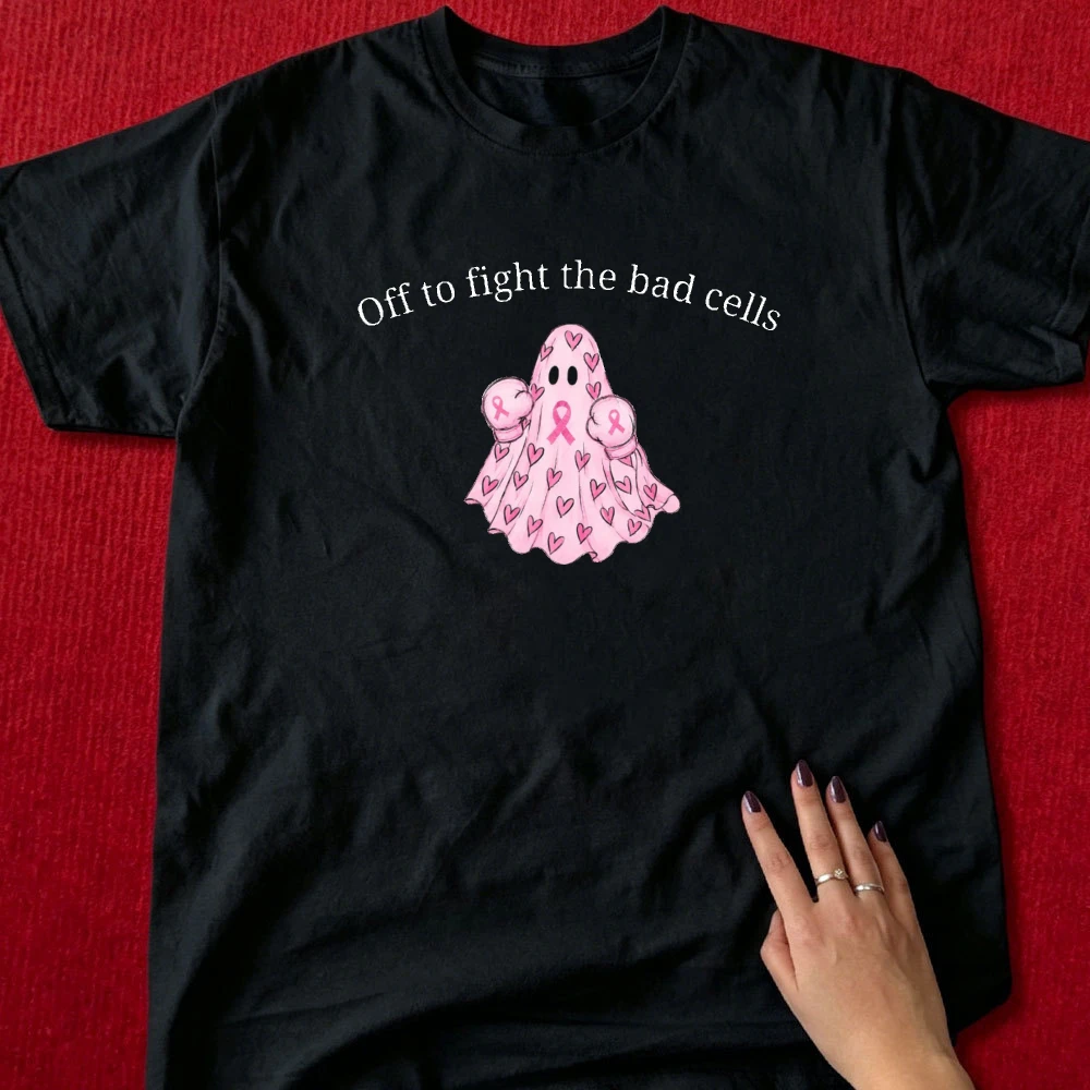 Pink Off To Fight The Bad Cells Ghost Graphic Tee Pink Ribbon Breast Cancer Survivor Awareness Halloween Short Sleeve Tshirt