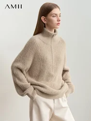 Amii Turtleneck Sweater Zipper Semi-open Imitation Mink Needle Pullovers 2025 Winter Women's Loose Shoulder Sleeve Tops 12444266