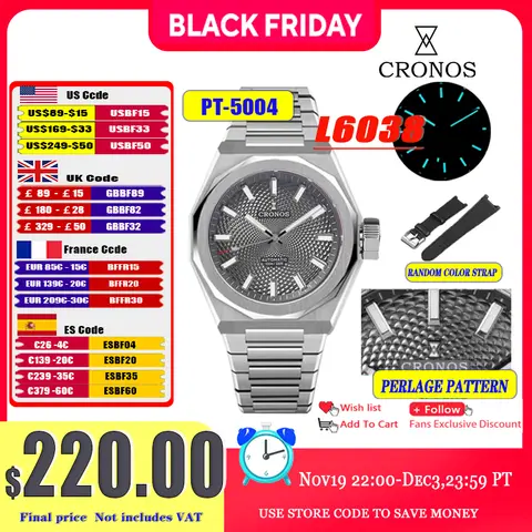 Cronos New Rhombus Perlage 39mm Dial PT5004 Miyota 90S5 See-through Caseback Men Automatic Wristwatches 10ATM Lumious L6028 V3