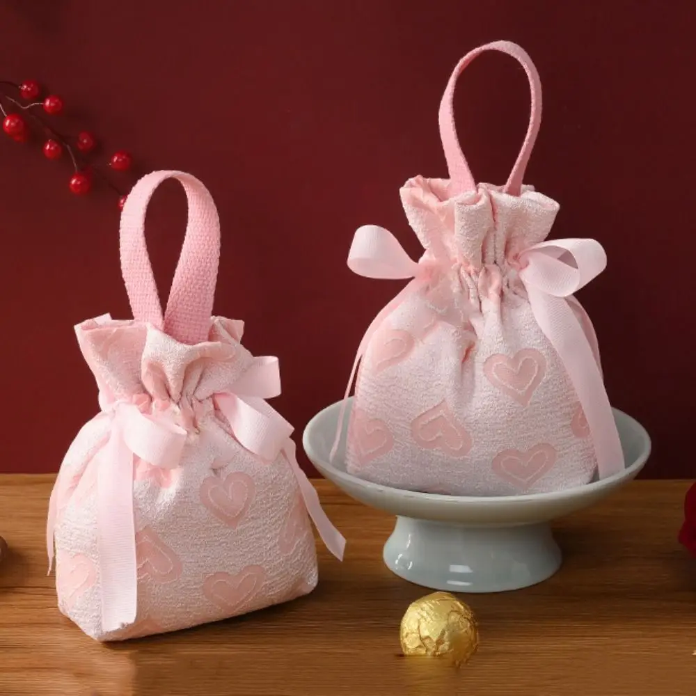 Love Heart Wedding Sugar Bag Korean Style Handle Canvas Drawstring Bag Bucket Bag Storage Bag Festive Sugar Bag Female/Girls