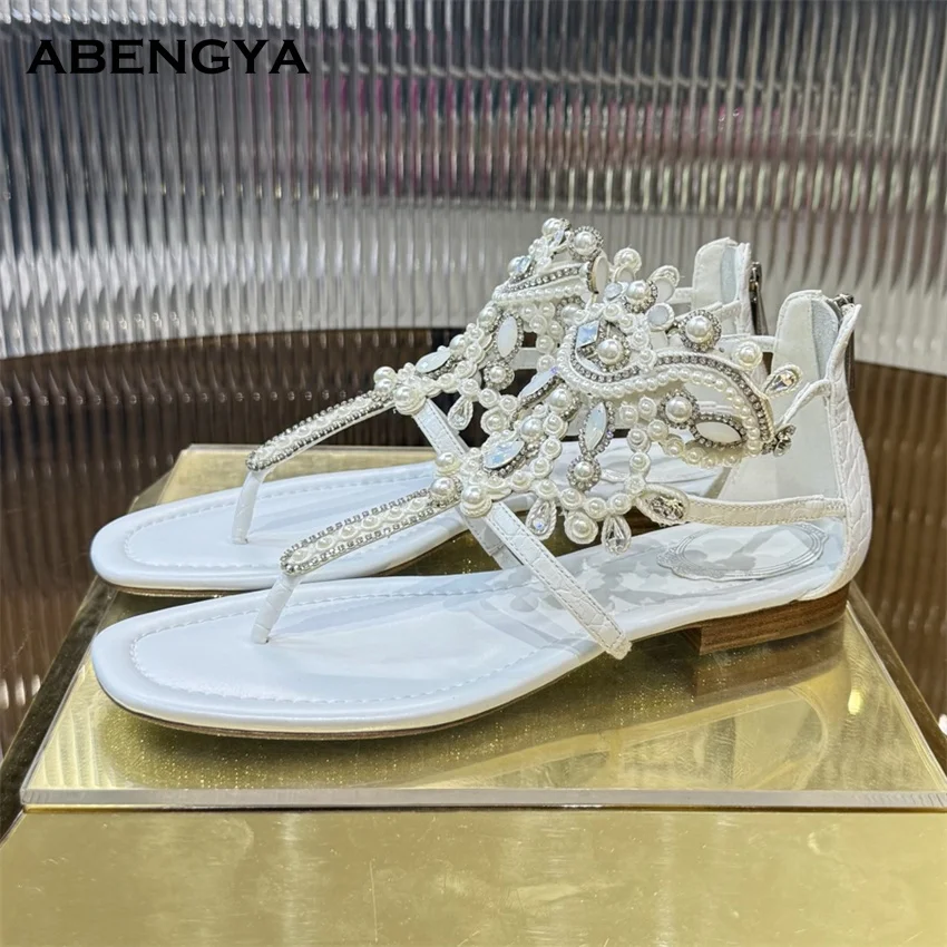 2026 Flip Flops Leather Flat Sandals Women Split Toe Crystal Back Zip Dress Flat Shoes Summer Casual Party Beach Shoes For Women