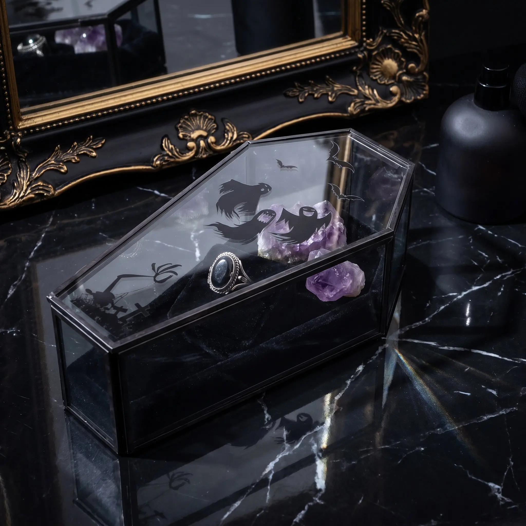 Coffin Shaped Glass Box Black Frame Clear Lid Gothic Jewelry Organizer Vampire Keepsake Display Vintage Trinket Storage Small