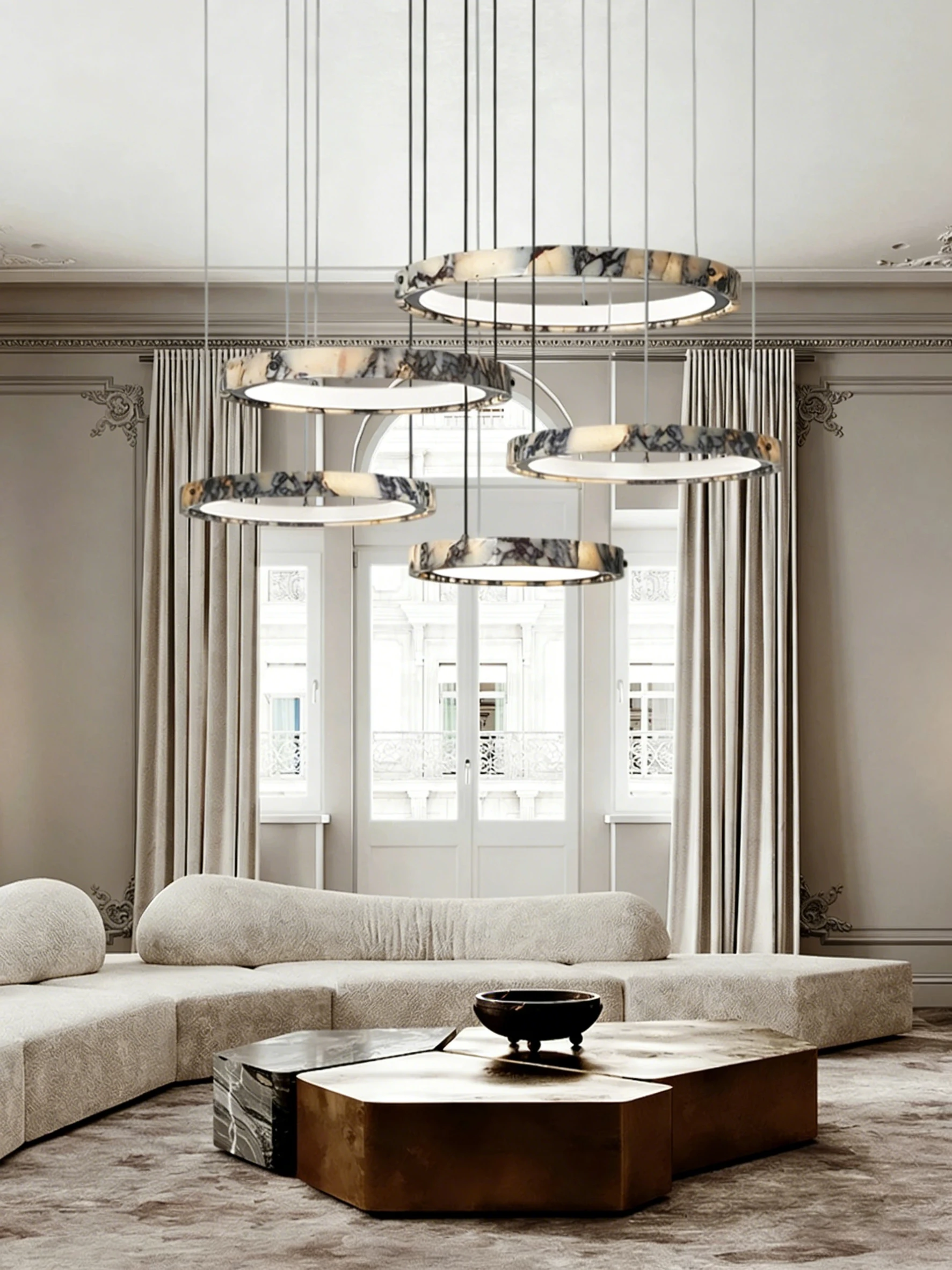 

REVEN Nordic Style Single Layer Ring Marble Pendant Lamp Chrome Gold Dimmable Suspended Three Colors Chandelier for Dining Room