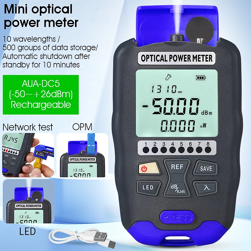 

OPM портативный оптический прибор для измерения мощности/тестер оптоволоконных кабелей сухих аккумуляторов-70 ~ + 10/-50 + 26 дБм SC/FC/ST универсальный порт