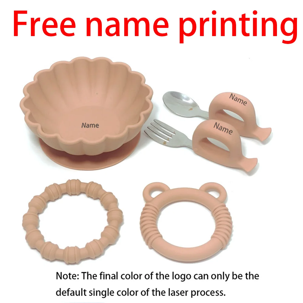 

Свободное имя с принтом, силиконовая детская посуда, миска для кормления, силиконовая вилка, ложка, обучение еде, праздничный подарок