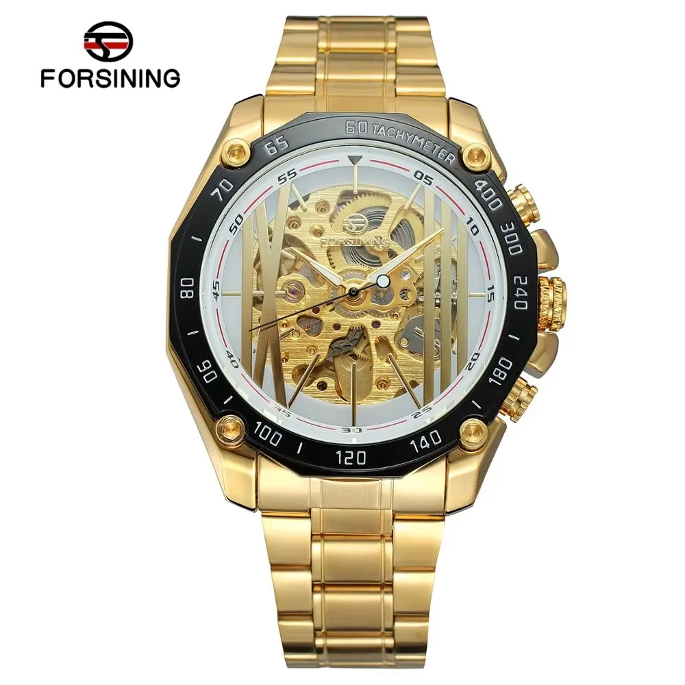 FORSINING Fashion Men's Watch Gold Stainless Steel Strap Business Watch Automatic Mechanical wrist Watch