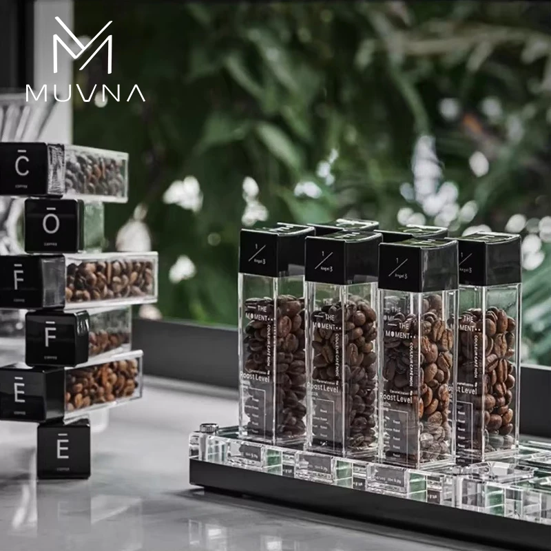 MUVNA Coffee Beans Storage Container Plastic Tube Bottle with Breathable Lid Acrylic Base Barista Accessories Coffeware Set Gift