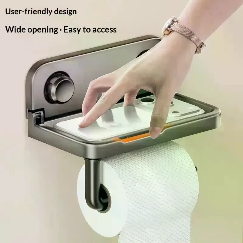 Bathroom Wall Mounted Storage Rack Foldable Stainless Steel Mobile Phone Holder Tissue Holder No Drilling
