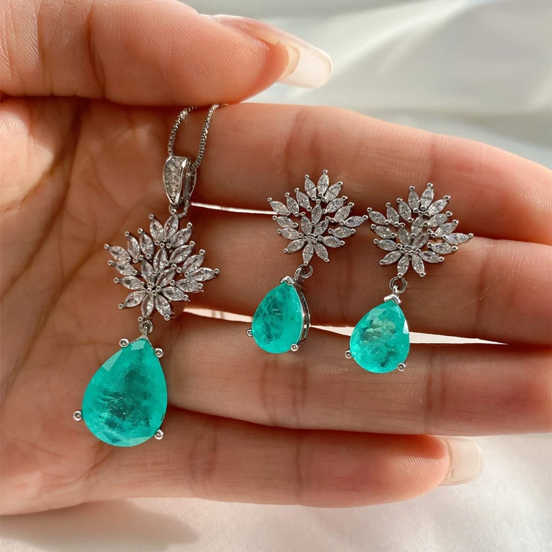 925 Sterling Silver Paraiba Gemstone Drop Snowflake Crystal Pendant Earrings 2022 Trend Necklace Jewelry Set Women Cocktail Gift