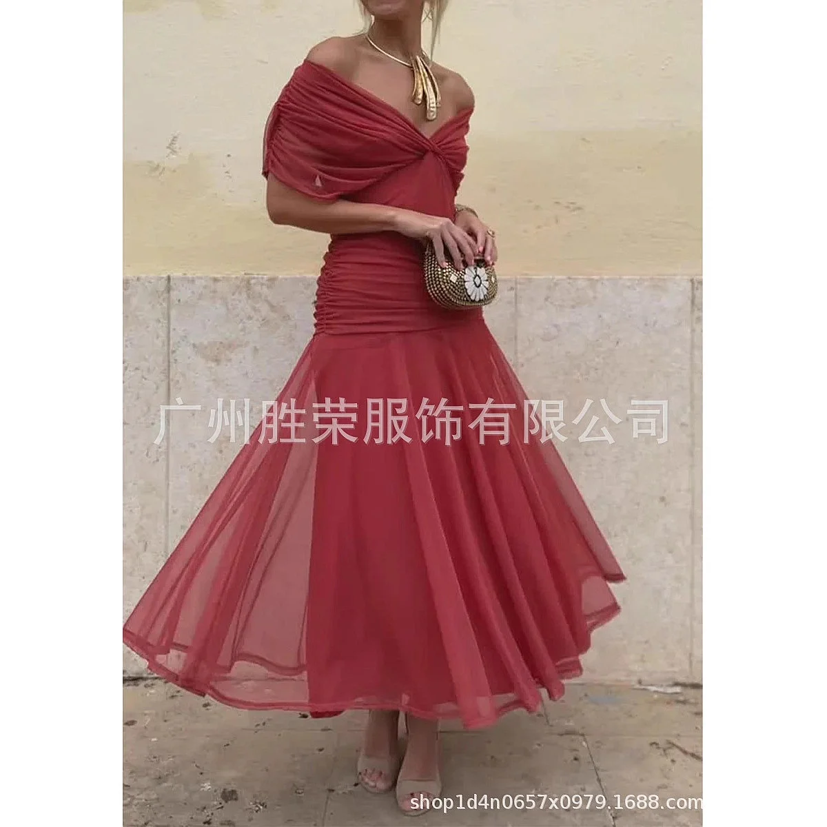 Elegant Solid Print Deep V-Neck Waist Cinched Off-Shoulder Two-Way Dress Women Summer Flowy Maxi Dresses