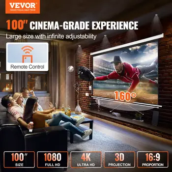 شاشة عرض كهربائية بمحرك من SucceBuy، مقاس 100/120 بوصة، نسبة عرض إلى ارتفاع 16:9، دقة 4K 1080 HD، شاشة عرض أفلام جدارية للعائلة والمنزل والمكتب والمسرح المنزلي 10 best sales شاشة عرض آلية - №1