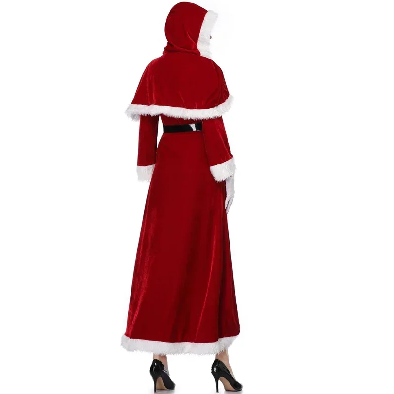 Sexy Christmas Costume Dress Women Fur Trim Christmas Santa Claus Cloak Xmas Costumes Winter Little Red Ridding Hood Long Dress