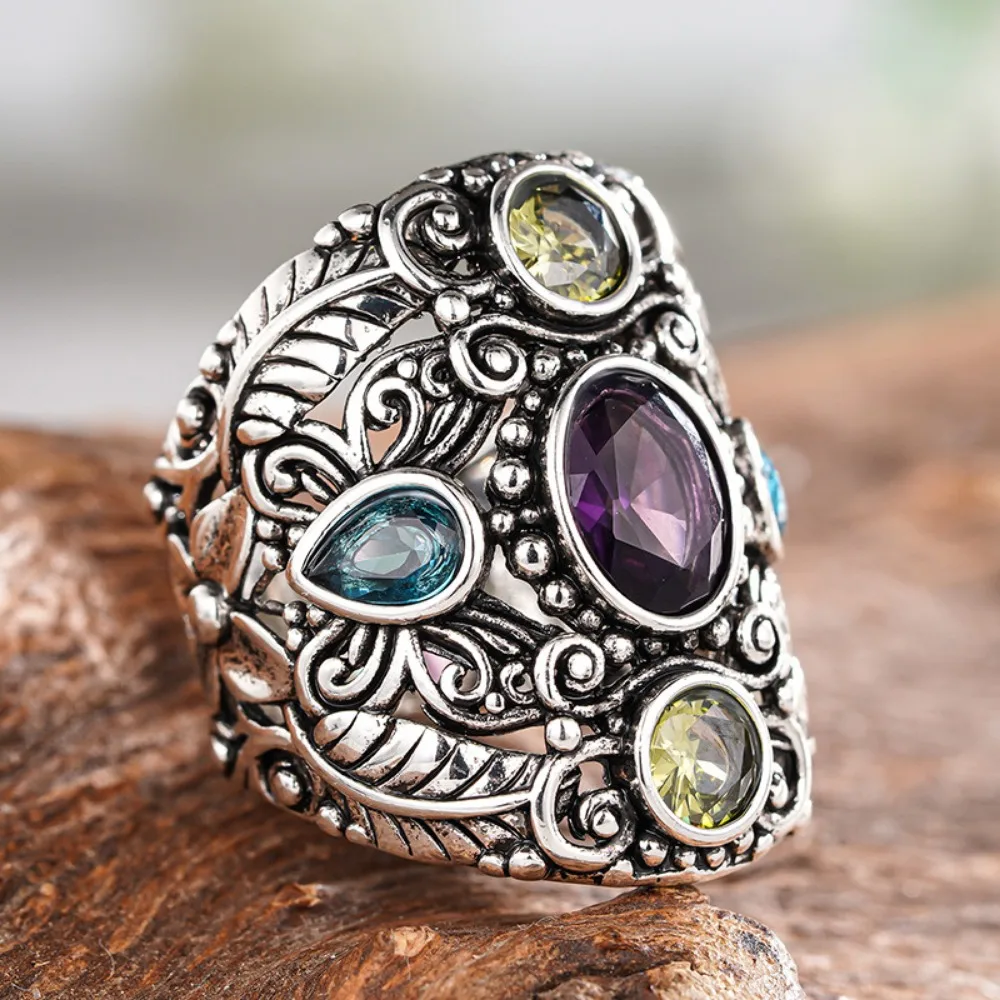 Retro Ethnic Style Ancient Silver Leaves Vine Texture Stainless Steel Wide Rings for Women Luxury Exaggerated Party Jewelry Gift