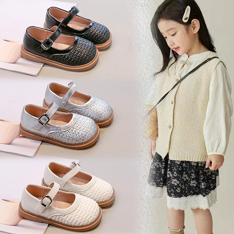 2026 Fashion Children's Leather Shoes Spring Autumn New Woven Soft Sole Simple Princess Breathable School Student Loafer