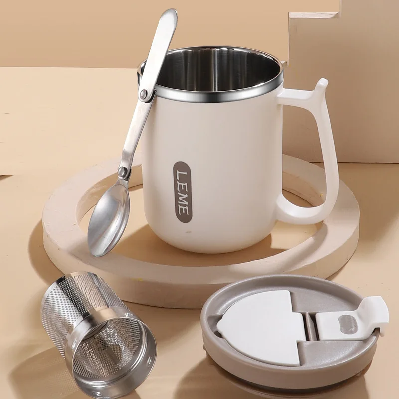 

500ML 304 Stainless Steel Mug with Lid and Spoon Tea Strainer Water Cup High Aesthetic Coffee Cup, Breakfast Cup Water Bottles