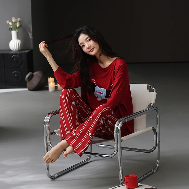 women's-pure-cotton-long-sve-round-ne-spwear-cartoon-dachund-print-home-clothes-red-luy-year-spring-autumn-sle
