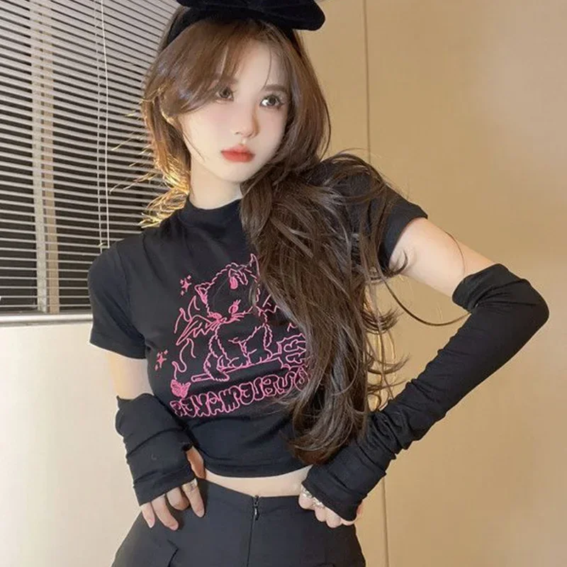 Camisetas con cuello redondo y letras estampadas a la moda coreana para mujer, camiseta ajustada a la moda, camiseta elástica Sexy de tendencia para mujer