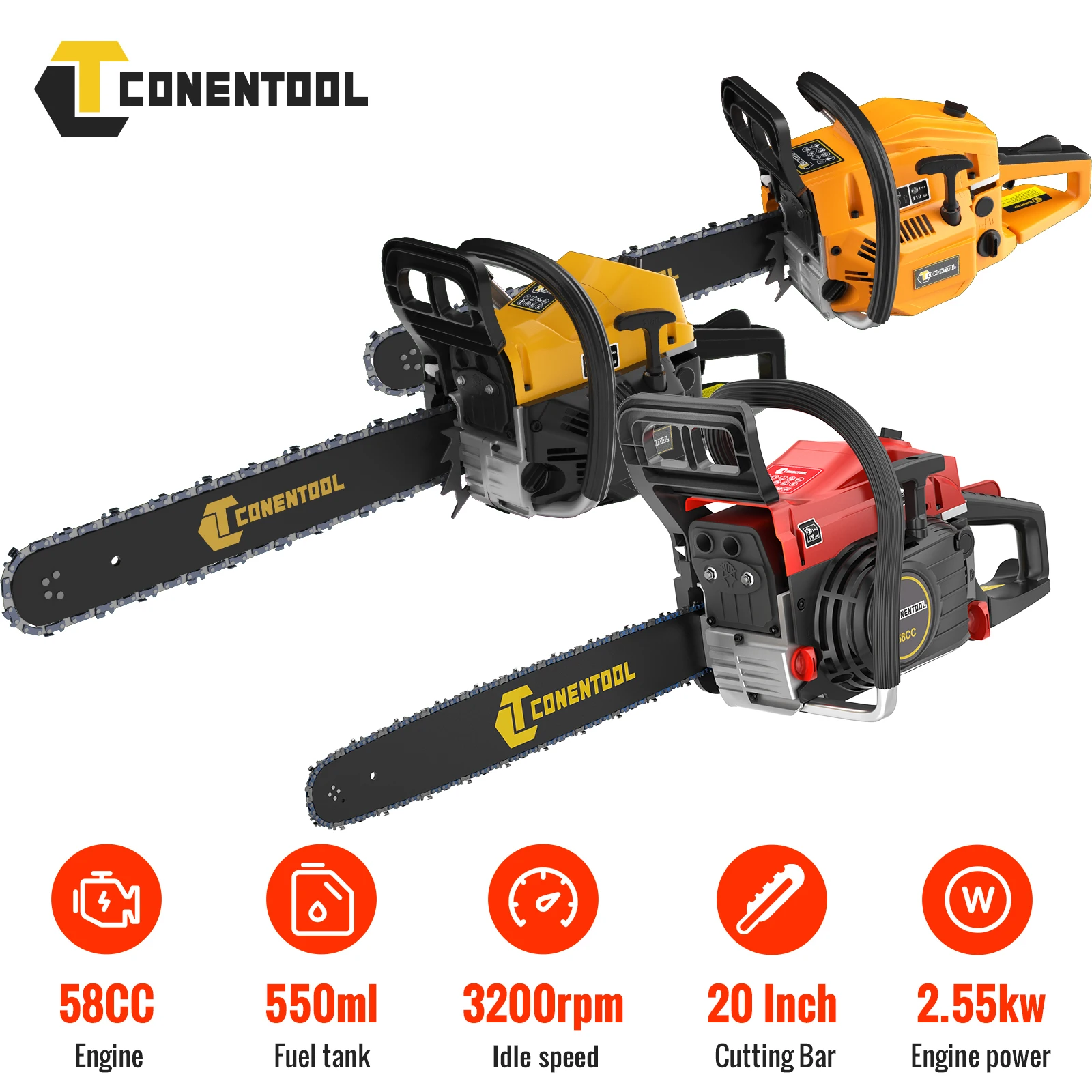 Tronçonneuse à essence 20 pouces 58cc, 2.55KW 11500PRM, moteur puissant à essence 2 temps, tronçonneuses à essence avec réservoir de carburant d'une capacité de 550ML