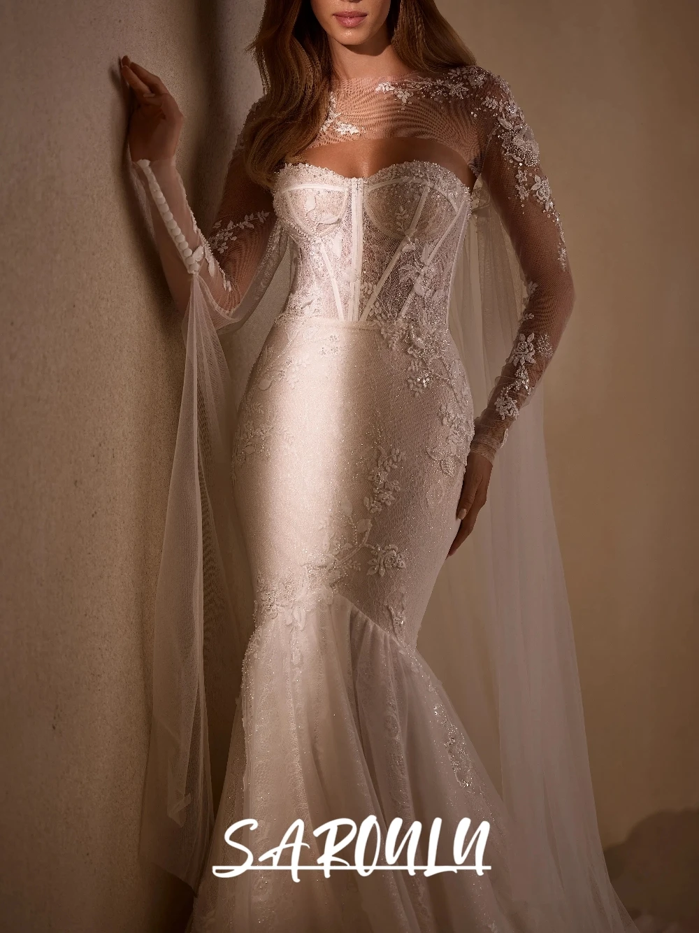 

Elegant Sheer Long Sleeve Mermaid Bridal Gown Corset Bodice Sequin Embroidery Tulle Capelet Wedding Dress With Train Customized