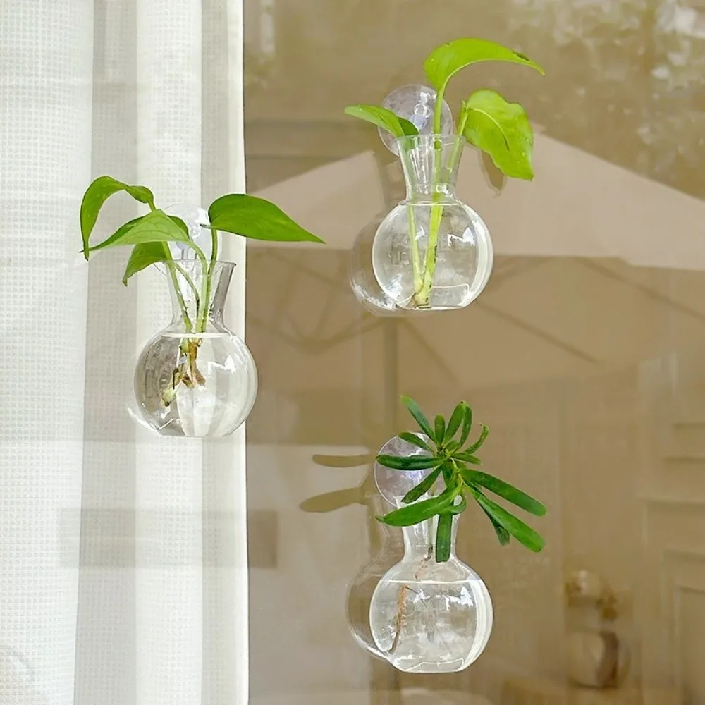 4pcs/set Transparent Wall Mounted Vase with Suction Cups Plant Stem Bottles Plant Hydroponic Vase Self-Watering Mini Flower Pot