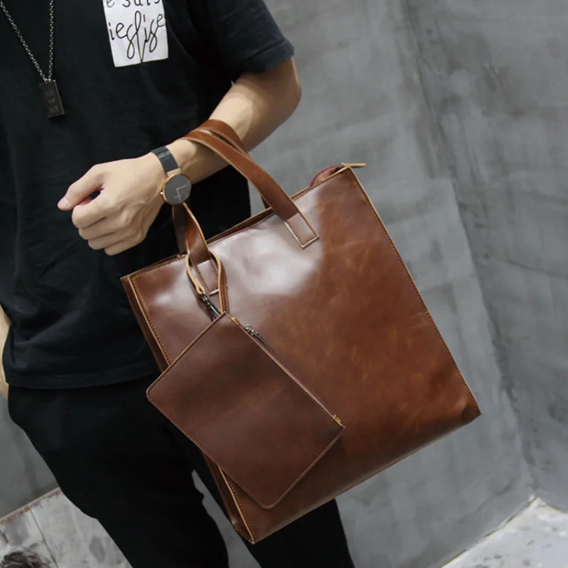 Men\'s Vintage Tote Bag  Crazy Horse pu Leather Shoulder Messenger Bag British Fashion Handbag Large Capacity Messenger Bag