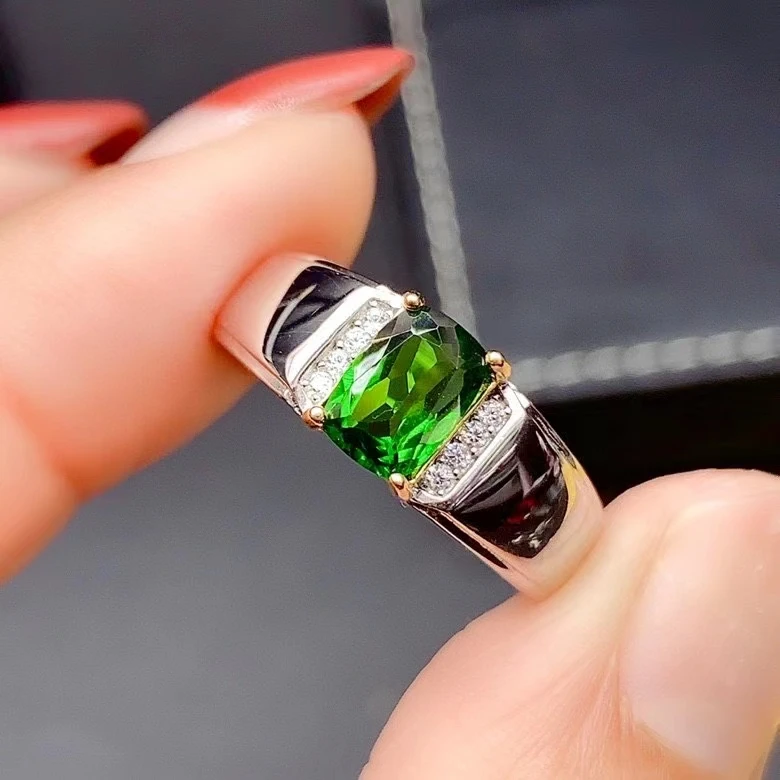 Cool Man Ring 5mm*7mm Natural Diopside Ring for Man 925 Sterling Silver Man Green Gemstone Birthstone Good Gift