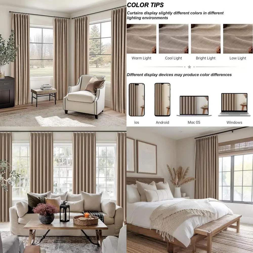 

8FT Taupe Tan Pinch Pleated Linen Curtains with 100% Blackout and Thermal Insulation, 2-Panel Set for Rustic Country Style