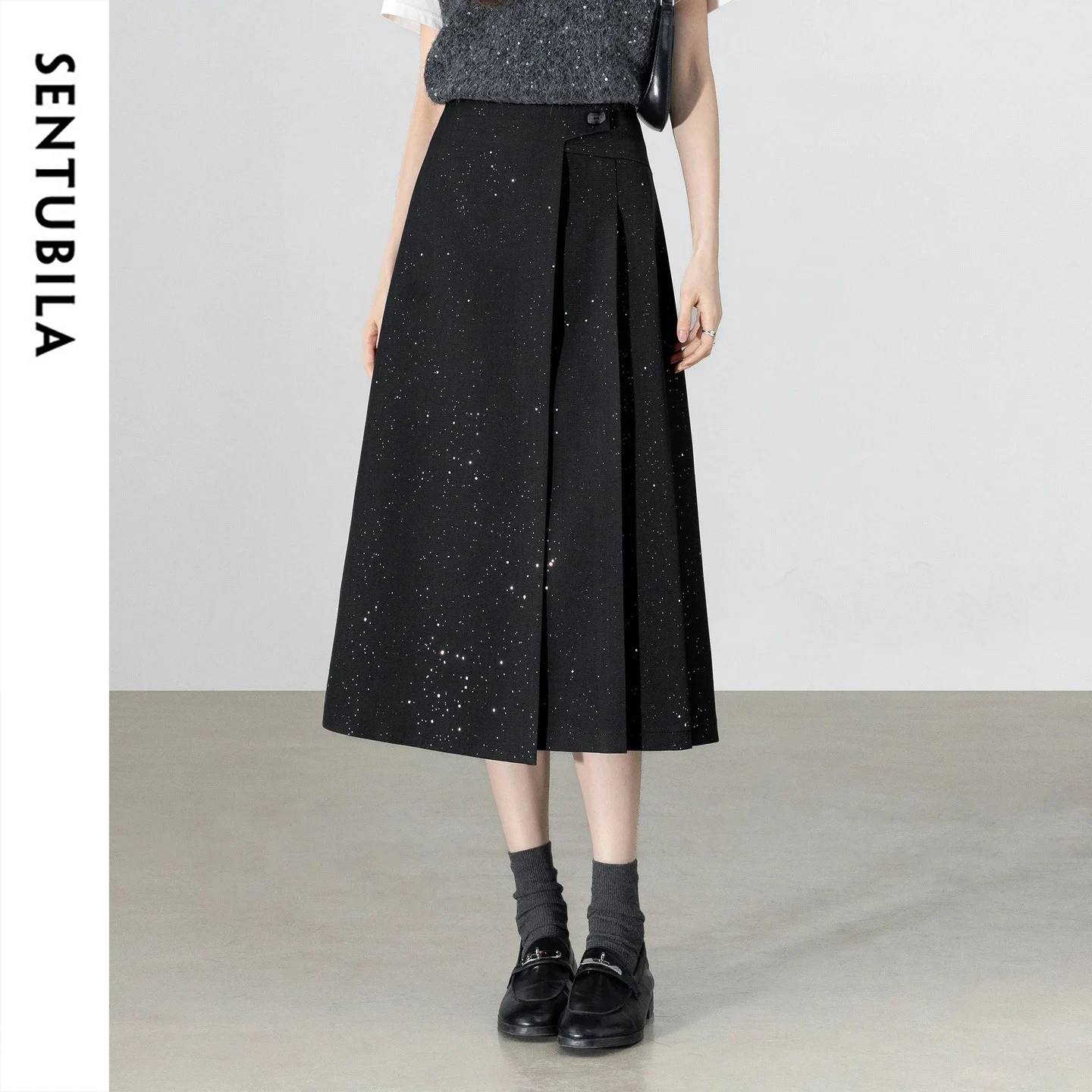 

SENTUBILA Women's Black High Waist Skirt 2026 Summer New Asymmetrical Pleated Glitter Silver Office A-Line Midi Skirt 162QA6905