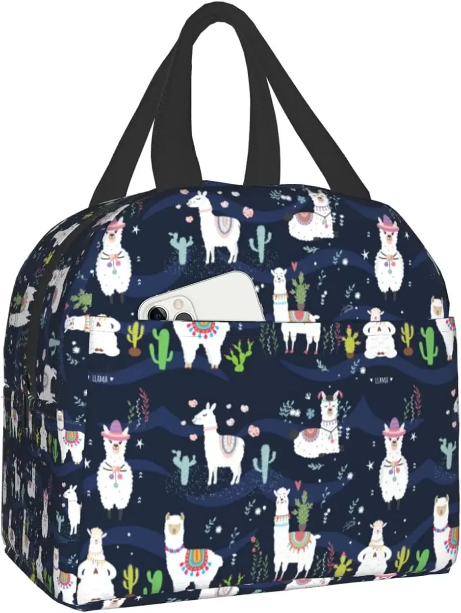 Cute Llama Insulated Lunch Bag with Front Pocket Reusable Cooler Tote Bags with Zipper for Men Women Work Picnic Beach