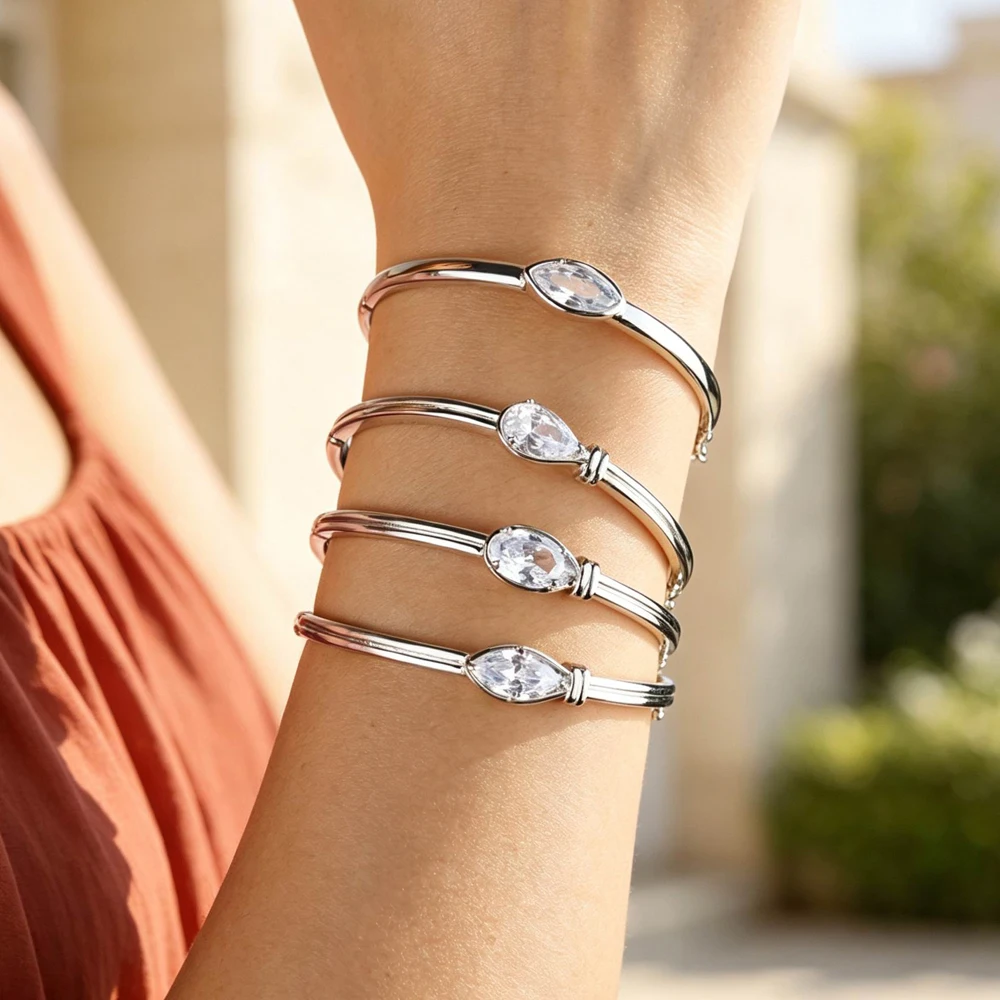 Geometric Tear Drop Heart Oval 5A Cubic Zirconia CZ Open Adjusted Simple Gold Color Bangle Bracelet For Women Wedding Jewelry