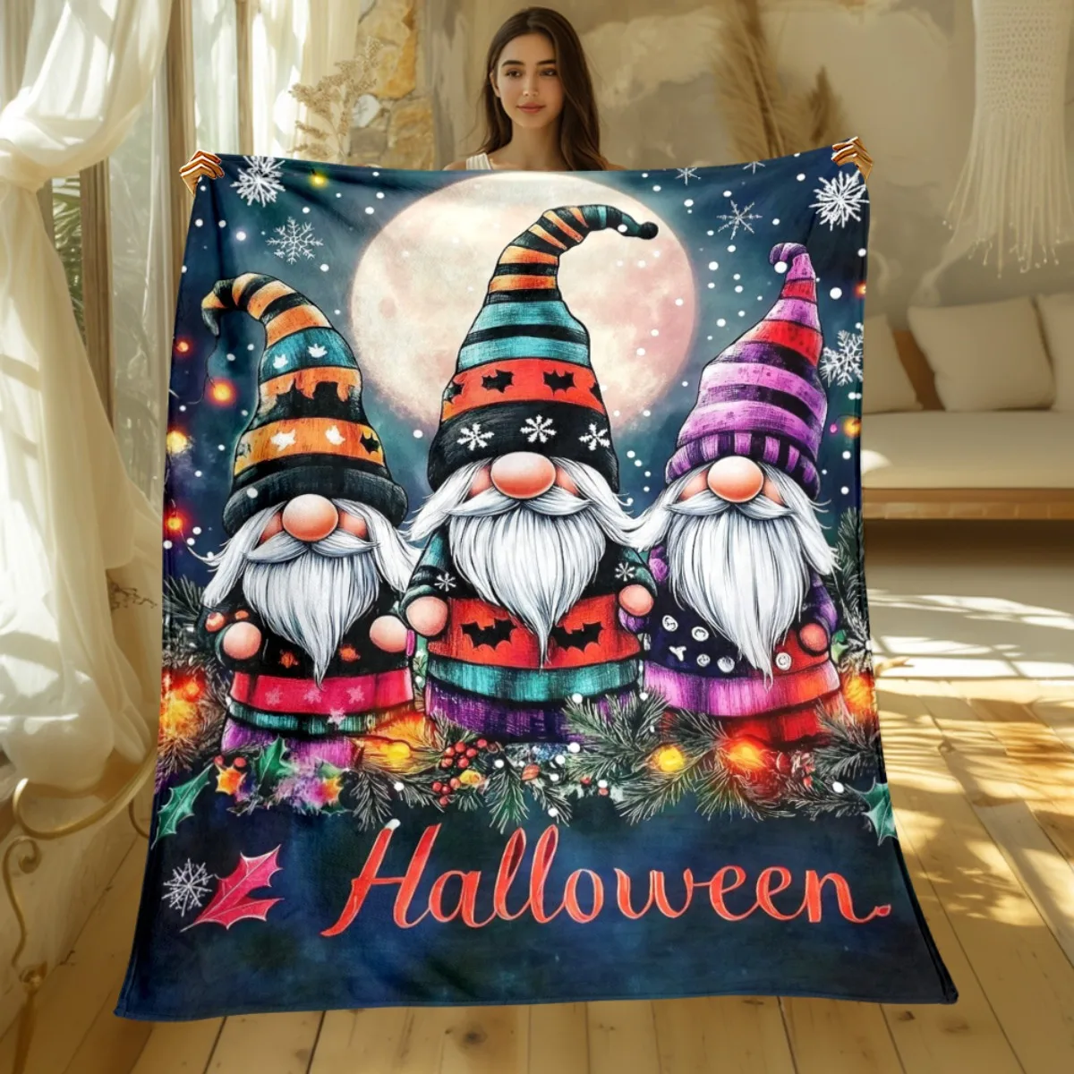 

Хэллоуин гномы луна ночь волшебное тематическое одеяло жуткий праздничный декор праздничное одеяло уютное мягкое флисовое одеяло подарок на вечеринку