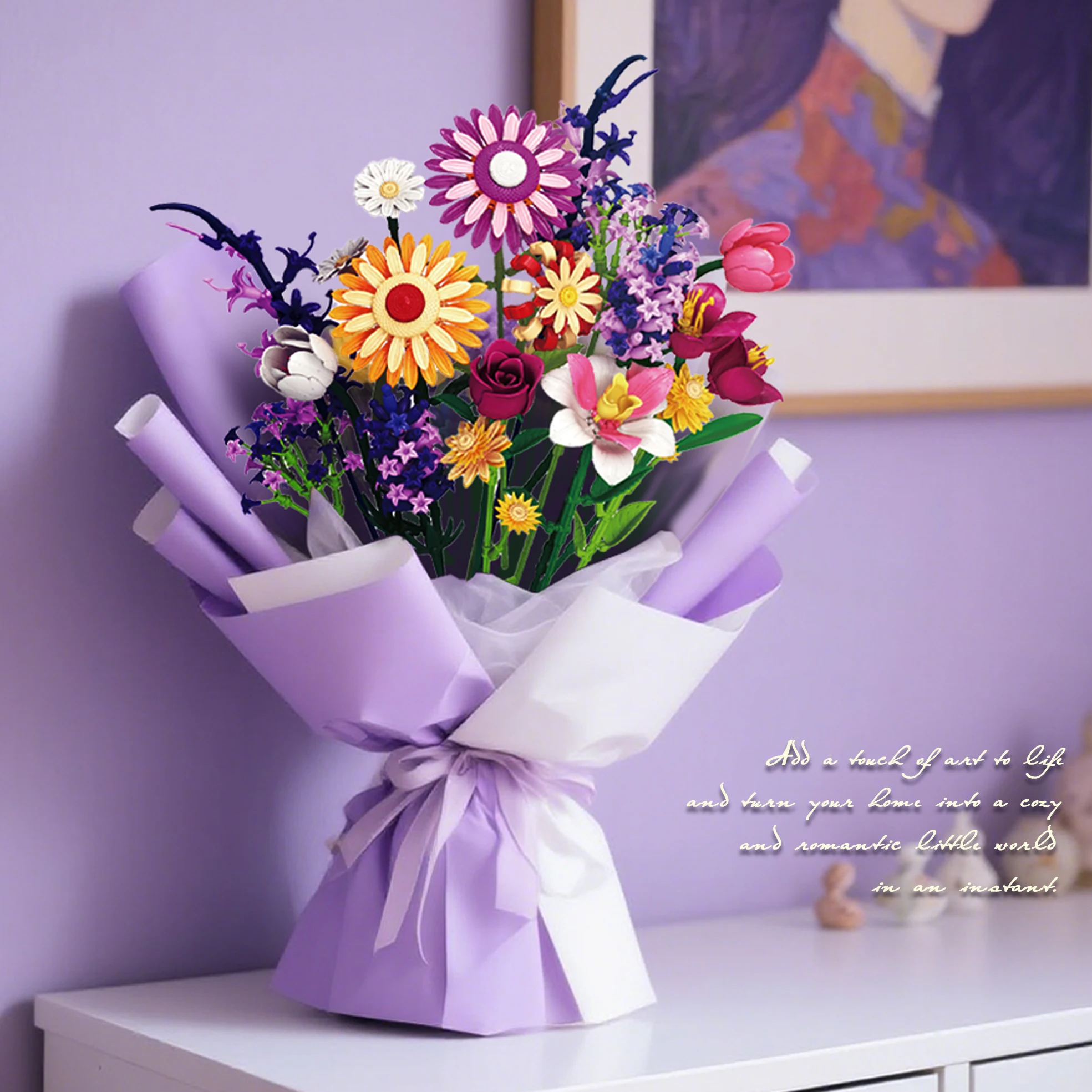 

Diy800Pcs+ Artificial Flower Bouquet Building Block Set Stress-Relief Handmade Parent-Child Interactive Decorative Ornaments Creative Gift for Girls and Mothers Valentine's Day