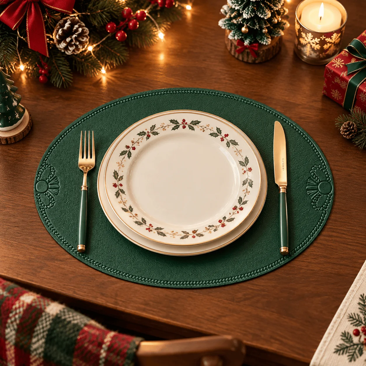 4pcs retro embossed oval dining mat, with coasters or cutlery sets, made of PU leather, suitable for Christmas table decoration