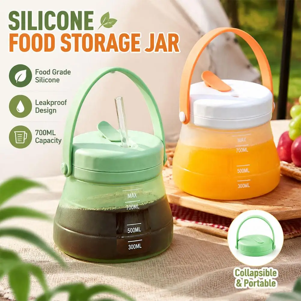 800ml Fresh Keeping Bucket Telescopic Leak-Proof Silicone Food Storage Container with Handle and Scale Kimchi Jar