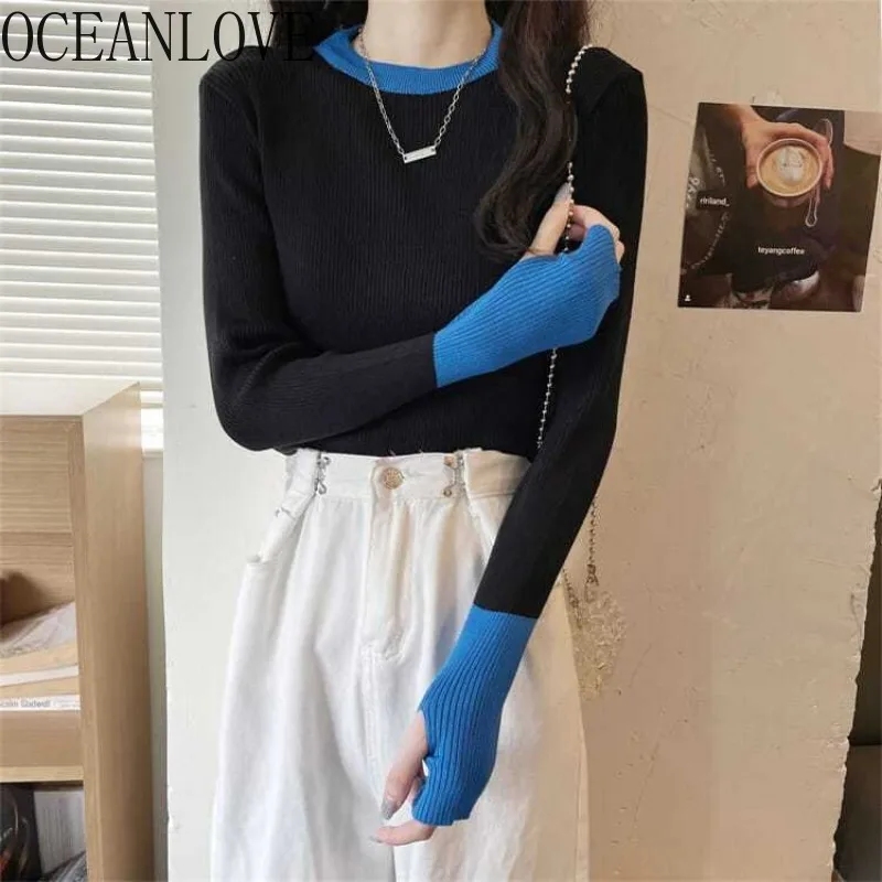 

OCEANLOVE Contrast Color Sweaters Women Tops Autumn Winter Korean Fashion Simple Pull Femme Vintage Basics Short Pullovers