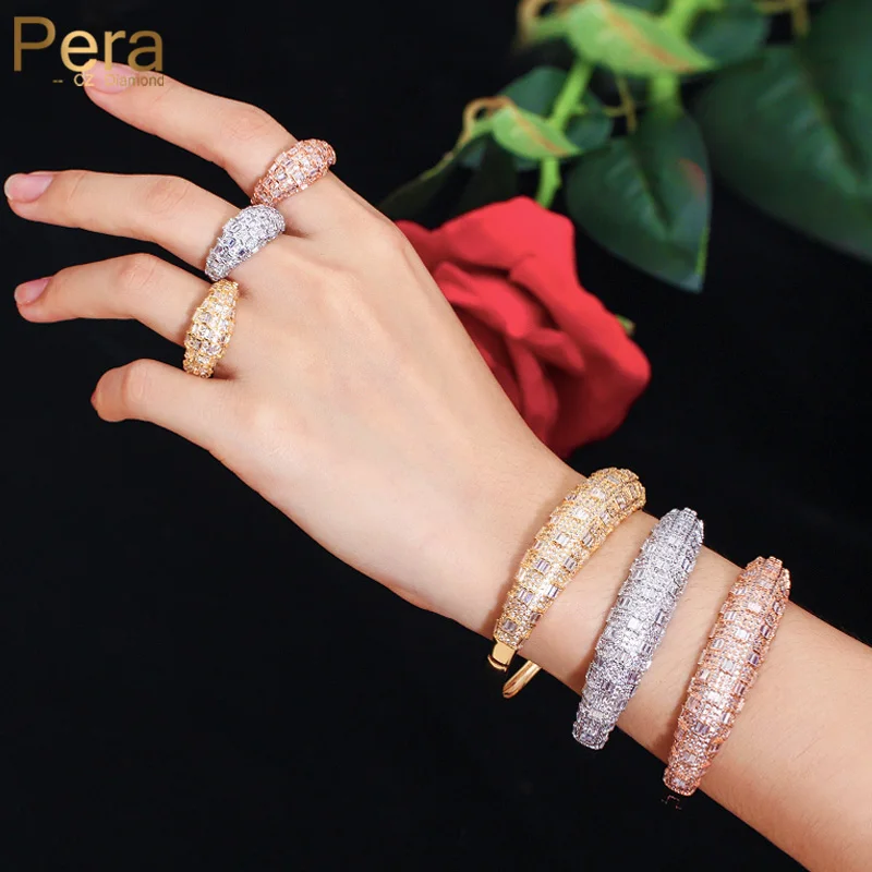 Pera Luxury Dubai Gold Color Shiny Briliant CZ Zircon Big Open Cuff Bangle Ring Sets for Women Wedding Jewelry Accessories Z025