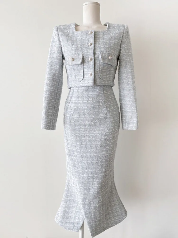 

Fashion Tweed Two Piece Set For Women Jacket Coat + Long Skirt 2 Piece Suits Conjuntos Femininos High Quality Korean Elegant