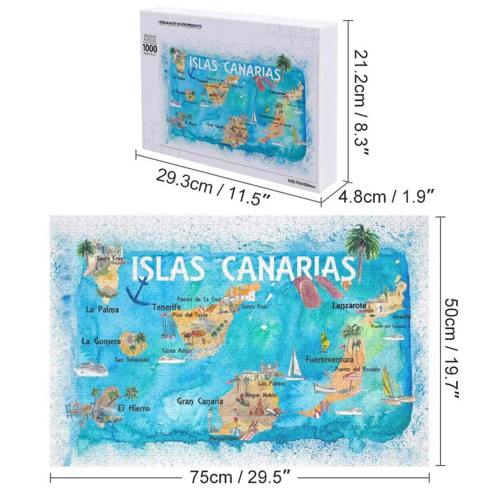Иллюстрированная карта путешествий Канарских островов с тенэрифе, Гран Канарри, Ланзароте, Fuerteventura La Palma Gomera и профессиональная головоломка