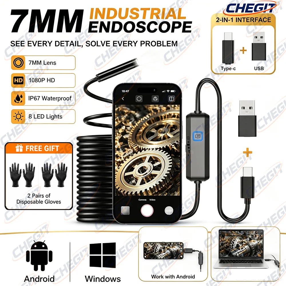 USB Piping Automotive Sewer Inspection Endoscope Camera TypeC For Android Endoscopic Camera Smartphone 1080p 7MM lens  Tools