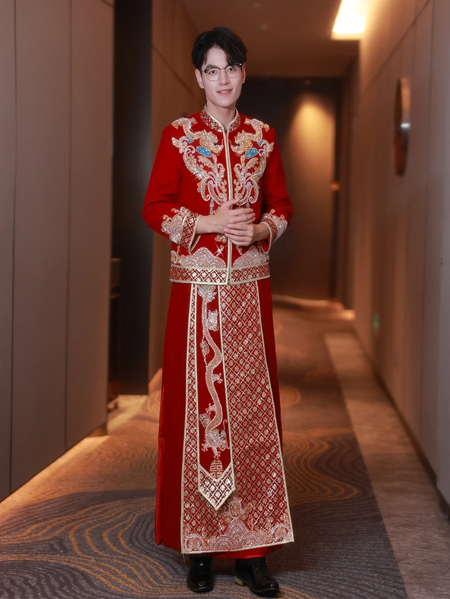 

Новый мужской китайский свадебный костюм XiuHai 2025 года, с длинным рукавом, прямым воротником, винтажный, модный, для свадебной церемонии