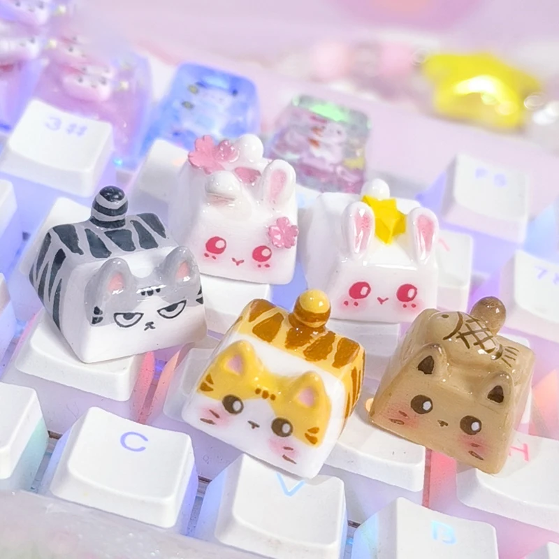 Kawaii Cat Keycap Original 3D Resin Keyboard Caps Custom Handmade Gaming Artistic Keycaps For Mechanical Keyboards Gift