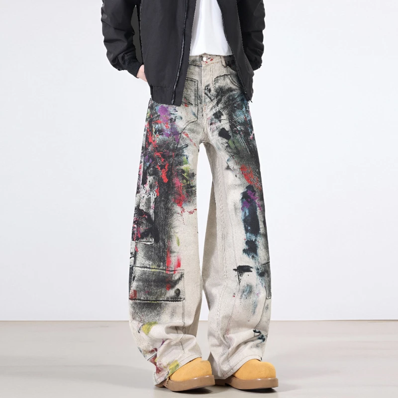 Fashion Splicing Graffiti Jeans New Autumn Winter American Street Loose Wide Leg Denim Trousers Concert Hip Hop Versatile Pants