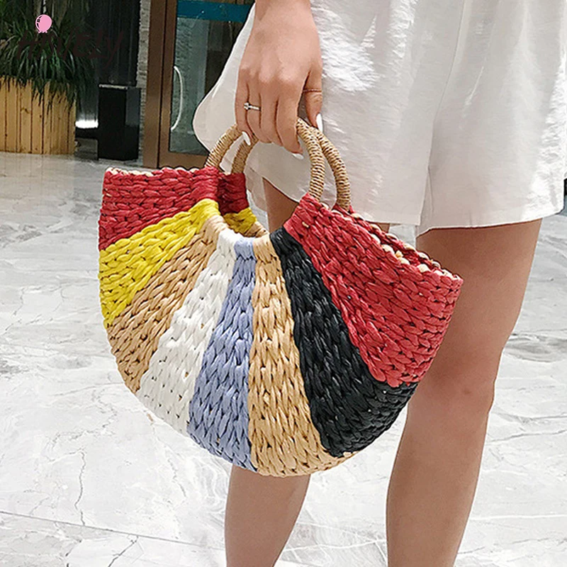 Colourful Women Handbag Rattan Wicker Straw Bag Woven Half-round Bag Large Capacity Female Casual Travel Tote Fashion Bolsos