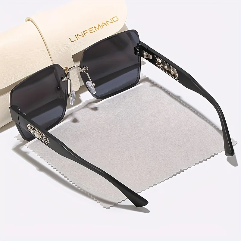 LINFEMAND Rahmenlose Mode-Sonnenbrille mit Farbverlauf, Perlen-Blumendekoration, Kunststoffrahmen mit Etui für Damen, Sommer-Festival-Geschenk – Detail 4