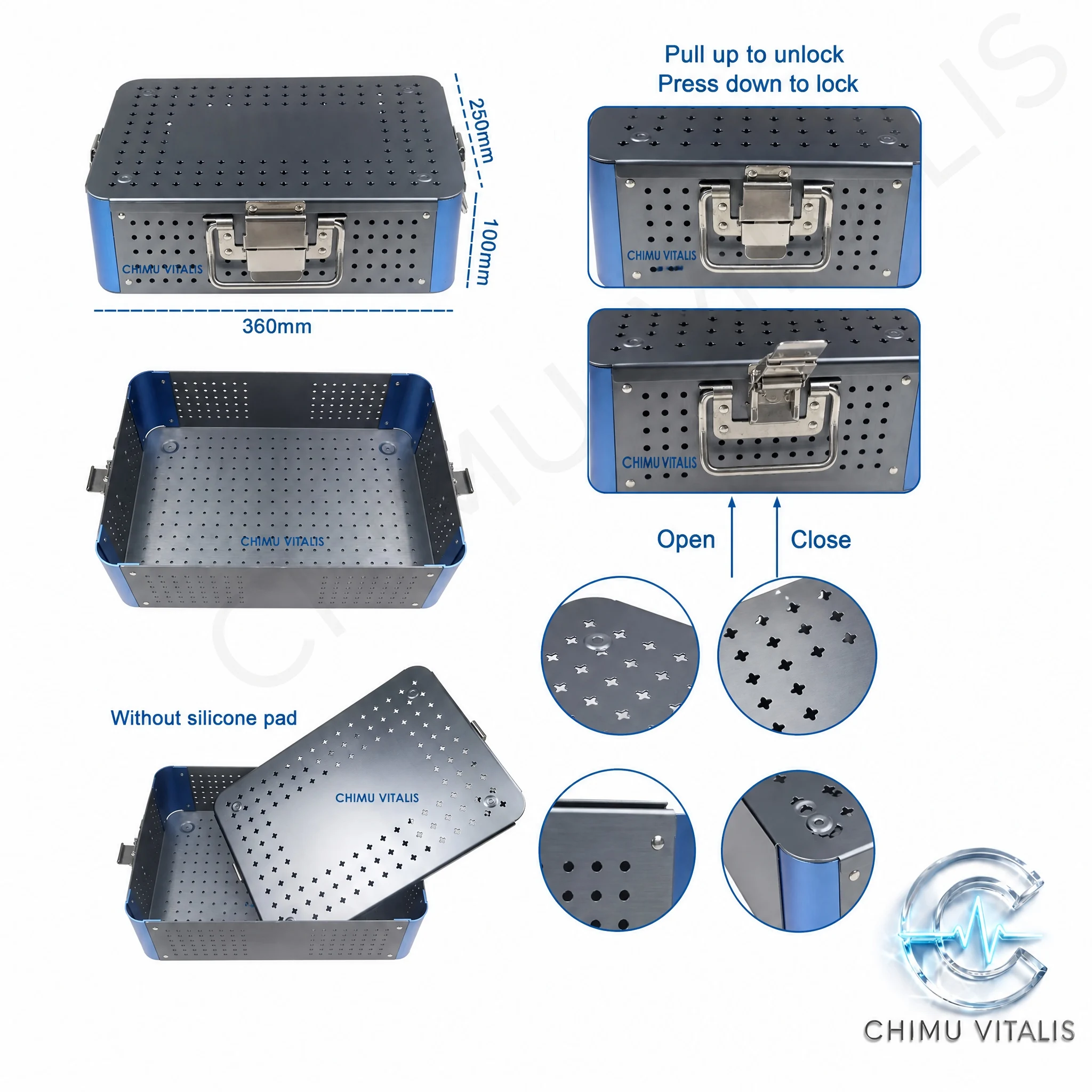 【CHIMU VITALIS 】Aluminum Perforated Instrument Storage Tray Single Layer Organizer Box 360x250x100mm