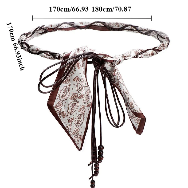 Fashionable Bohemian-Style Cashew Flower Scarf-Woven Versatile Belt Retro Wooden Bead Fringe Tie-Strap Women’s Waist Chain
