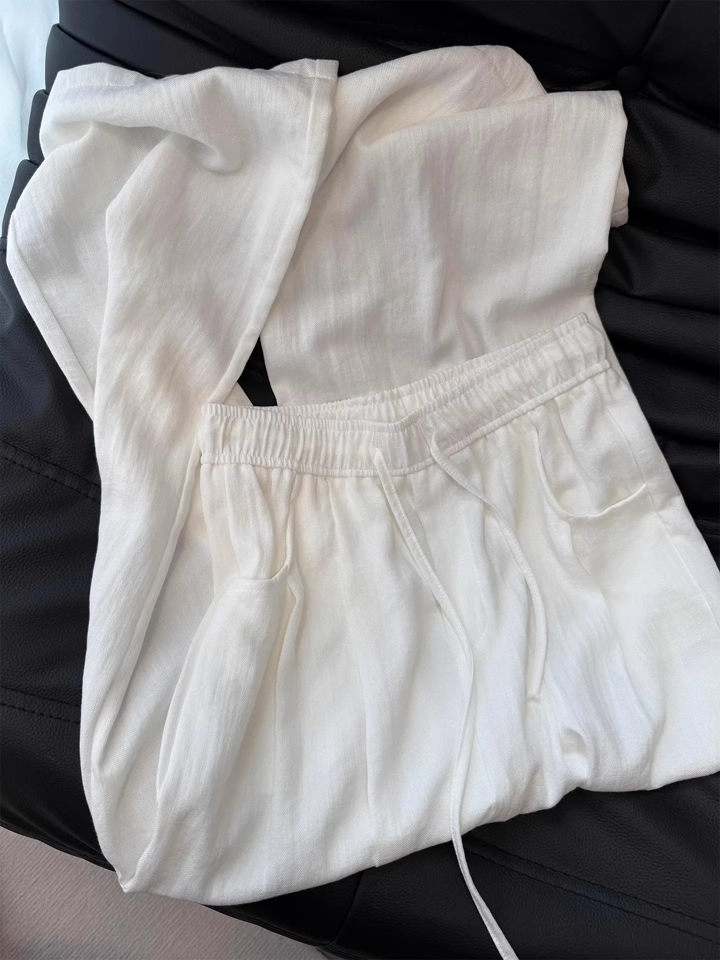 White Cotton Linen Casual Pants Women Summer Thin Large Size Loose Drapey Slim Straight Leg Linen Wide Leg Pants High Waist