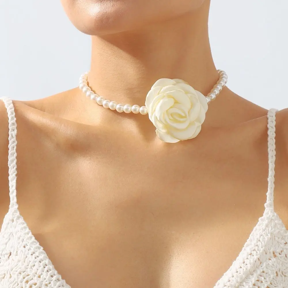 Imitation Pearl Bead Flower Choker Women's Necklace On The Neck White Floral Rose Chocker 2023 Jewelry Korean Y2K Accessories